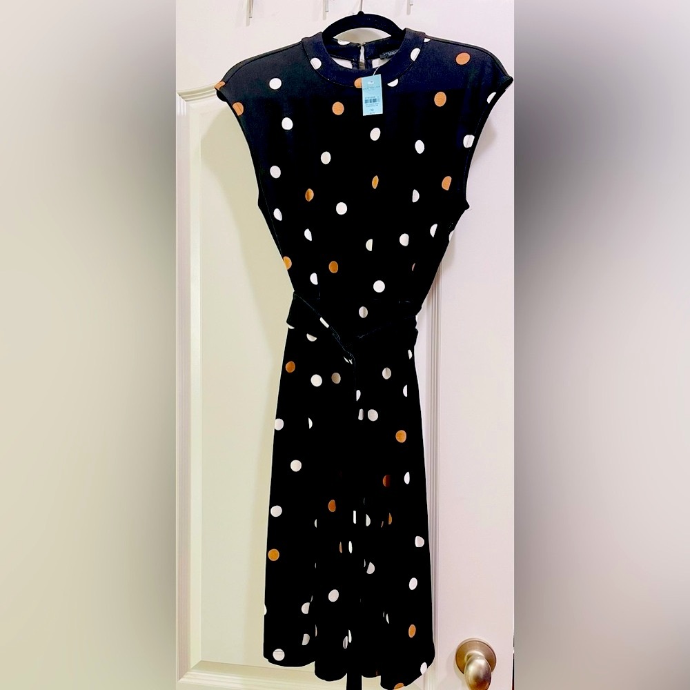 Ann Taylor, Black Dress with Gold & White Polka Dots, size 10 Petite, new.